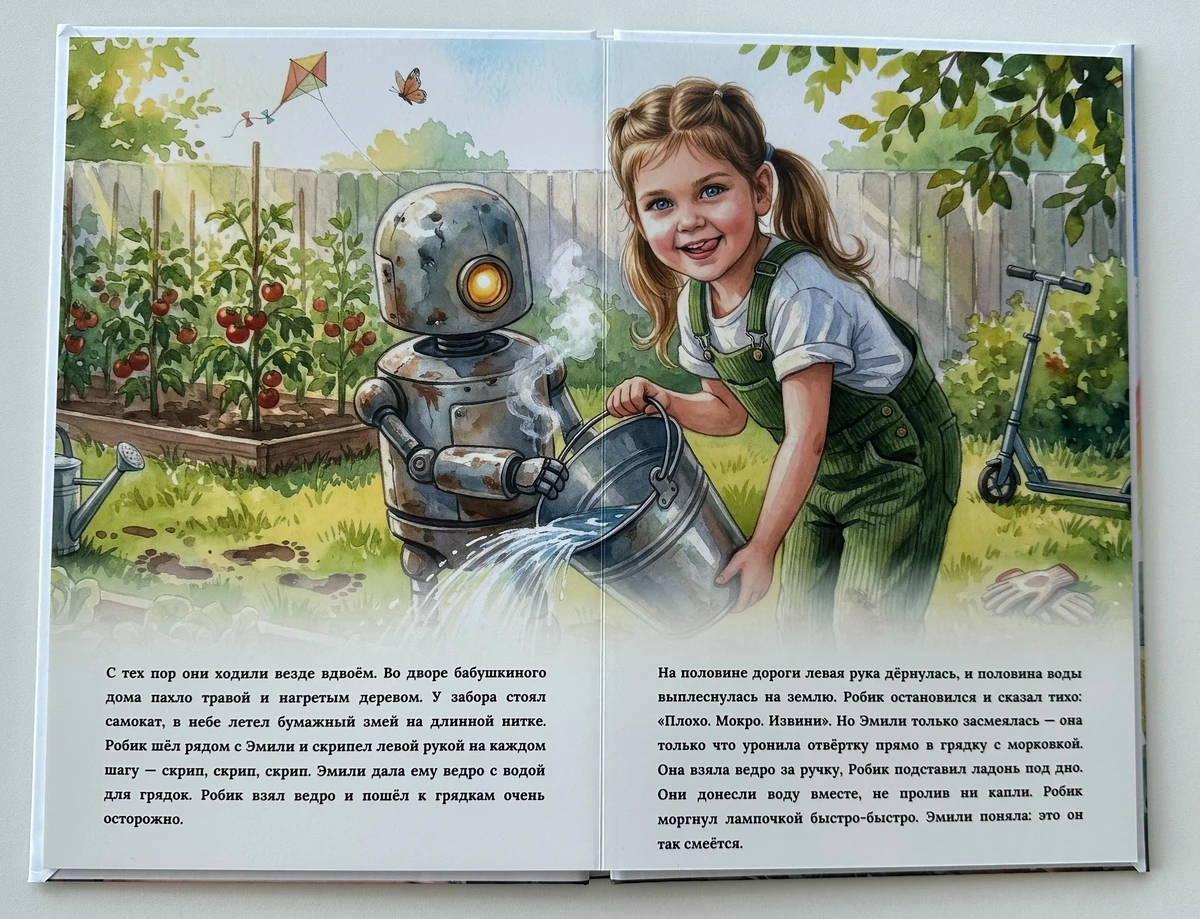 Разворот книги: девочка и робот поливают грядки, под иллюстрацией напечатан текст истории