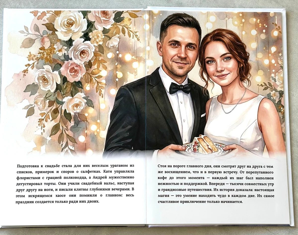 Разворот персональной книги о паре: свадебная иллюстрация и текст истории