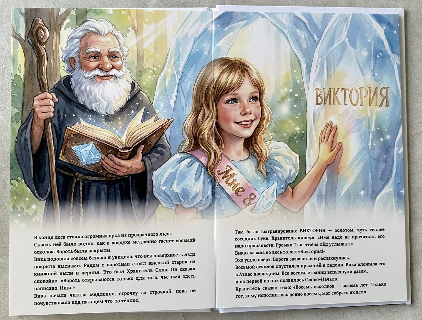 Разворот сказки «День рождения»: Вика и волшебник у ледяной стены с её именем
