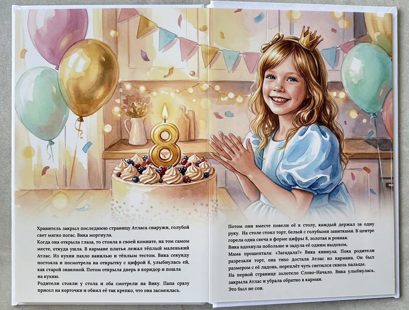 Разворот сказки «День рождения»: Вика у праздничного торта с цифрой 8